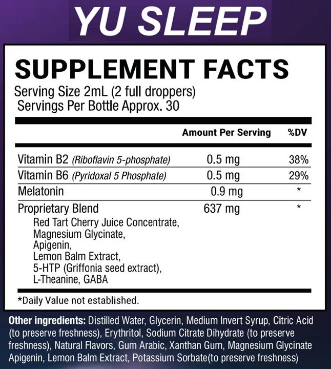 Yu Sleep supplement facts label